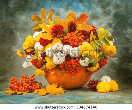 Autumn still life. Flower, fruit and vegetables