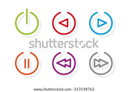 Media icons. Set of six media icons showing power icon, play, reverse, pause, fast forward and rewind in a series of vibrant colors.