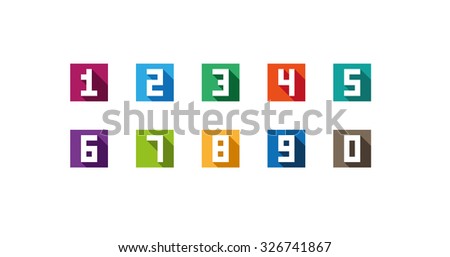 Colorful vector illustration of numerals one, two, three, four, five, six, seven, eight, nine and zero on a square graphic background.
