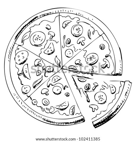 Sliced Pizza Isolated On White Background. Hand Drawing Sketch Vector ...