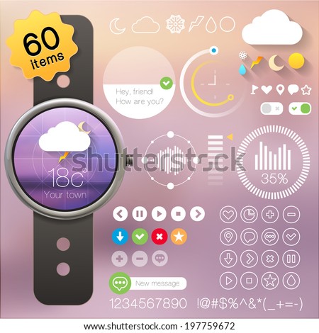 User interface set for clock, watch. Collection of icons and buttons. Eps 10 vector illustration.