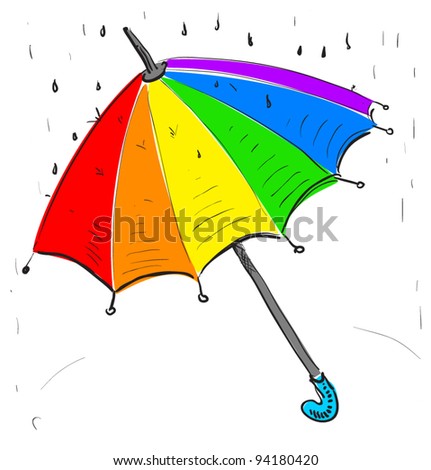 Rainbow Umbrella Under The Rain. Hand Drawing Cartoon Sketch ...