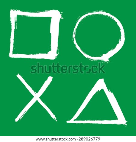 outlined square, circle, triangle elements, white on green