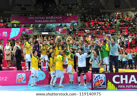 BANGKOK, THAILAND - NOVEMBER 18: Brazil winning the FIFA Futsal World Cup Final at Indoor Stadium Huamark on November 18, 2012 in Bangkok, Thailand.