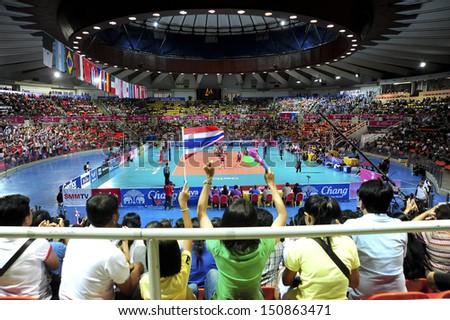BANGKOK,THAILAND-AUGUST 16:The competition FIVB Volleyball World Grand Prix 2013 at Indoor stadium Hua-Mak on August 16,2013 in Bangkok,Thailand