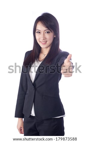 Asian business woman give you excellent gesture, close up portrait on white background.