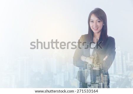 double exposure businesswoman has city,plane,stock exchange