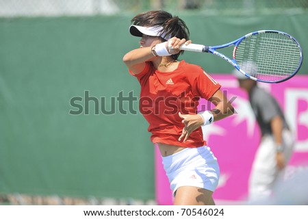 NONTHABURI ,THAILAND - FEB 4 : Korea tennis player So Jung Kim during her Fed Cup, 2011 World Group Play-Off singles match vs. Sessil Karantancheva ,February 4, 2011 in Nonthaburi ,Thailand