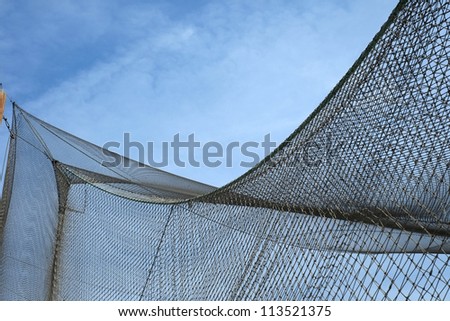 A large expanse of netting suspended from wood poles makes interesting designs