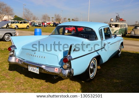 BAKERSFIELD, CA-MAR 2: This unique Studebaker Hawk is bringing back memories for the visitors to the Cruisin\' For A Wish Car & Motorcycle Show on March 2, 2013, in Bakersfield, California.