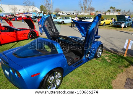 BAKERSFIELD, CA-MAR 2: A 2010 Chevrolet Corvette Grand Sport shows off its sleek lines at the Cruisin\' For A Wish Car & Motorcycle Show on March 2, 2013, in Bakersfield, California.