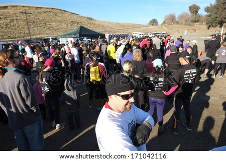 BAKERSFIELD, CA - JAN 11, 2014: More than 800 runners, joggers, walkers, dogs, and mothers with baby strollers talk before the start of the Annual Fog Run, in good weather this year.