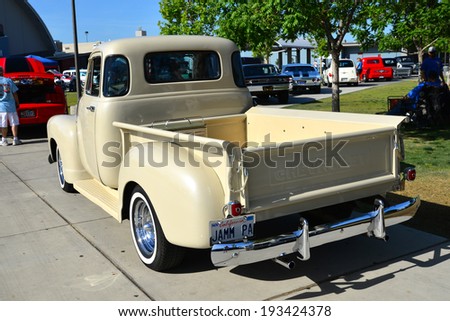 BAKERSFIELD, CA-MAY 17, 2014: A 1953 Chevrolet five window pickup truck has been given new life and is on display at the South High School Car Show.
