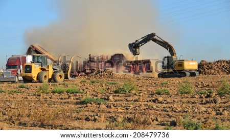 KERN COUNTY, CA-AUGUST 1, 2014: Heavy equipment is called in today on a Central California farm. The former row crop land is being cleared for a new vineyard planting.