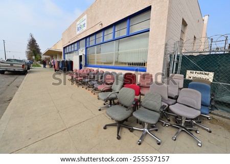 BAKERSFIELD, CA - FEBRUARY 20. 2015: The Habitat for Humanity\'s retail store moves merchandise outside in order to attract customers.