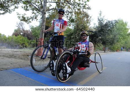 BAKERSFIELD, CA - NOV 6: A hand cyclist is competing in the 28th Annual Police memorial Run on November 6, 2010, at Bakersfield, California.