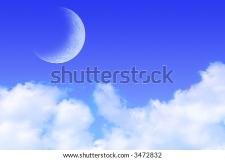 Fluffy clouds and a moon (Photoshop-drawn) against a blue sky.