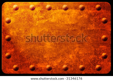 A rusted metal plaque with rivets.