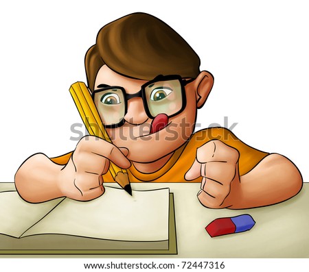 Smart Young Boy Doing His Homework Too Much Concentrated Stock Photo ...