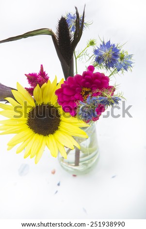 Bouquet of fresh spring flowers from the garden with Black-eyed Susan on white background