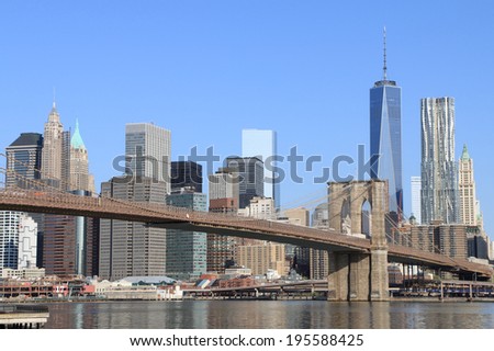 Brooklyn Bridge and Manhattan Skyline on a clear blue day, New York City