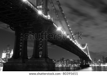 Manhattan Skyline and Manhattan Bridge At Night, New York City