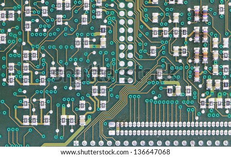 Close up of computer,electric circuit board in green