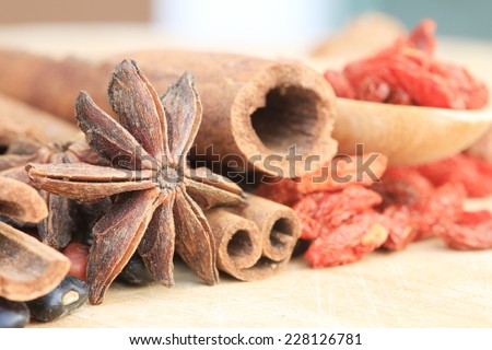 Close up many kind of Chinese herb, wood background.