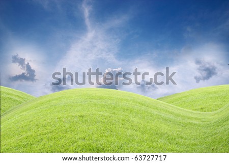 a green grass field with blue sky and many clouds