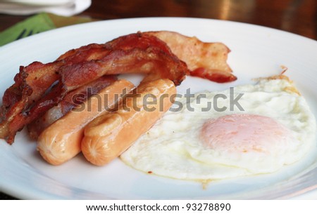 Sausages, bacon and fried egg.