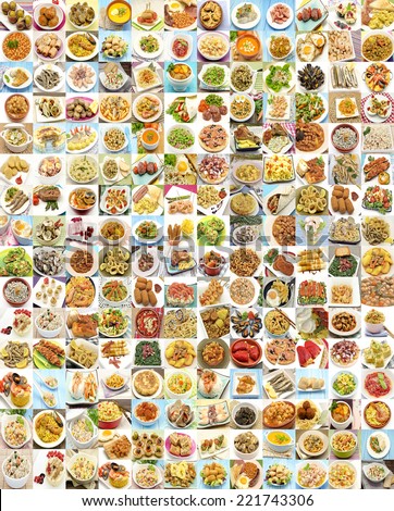 Collage with variety of food and dishes cooked