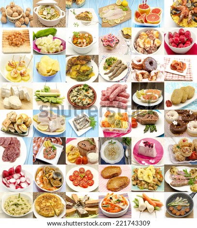 Collage with variety of food and dishes cooked