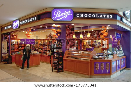TORONTO,CANADA-MARCH 30, 2012: Purdy\'s Chocolate Store. Purdys Chocolatier is a Canadian chocolatier and retail operator. The company is based out of Vancouver, British Columbia.