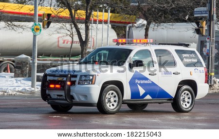 TORONTO,CANADA-MARCH 14, 2014: Toronto Emergency Medical Services provides emergency ambulance service to the City of Toronto when somebody calls 911 for a medical emergency