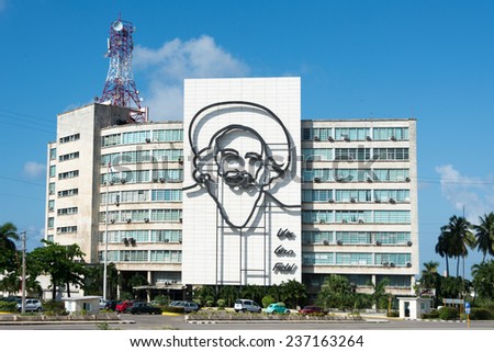 HAVANA,CUBA-JULY 5,2014: Cuban Communications Ministry Building across the Revolution Plaza. This ministry controls and lead the centralized system of IT and telecommunications in the island