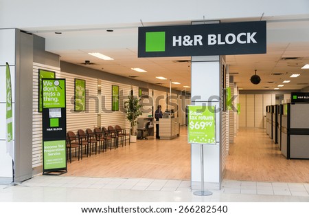 TORONTO,CANADA-APRIL 2,2015: H&R Block is a tax preparation company in the United States, claiming more than 24.5 million tax returns prepared worldwide