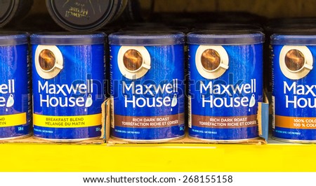 TORONTO,CANADA-APRIL 4,2015: Maxwell House coffee cans in store shelf.Maxwell House is a brand of coffee manufactured by a like-named division of Kraft Foods.