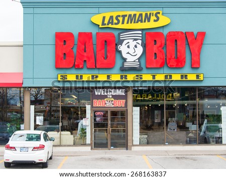 TORONTO,CANADA-APRIL 4,2015: Lastmans Bad Boy Store facade. This successful furniture store chain was founded by former Toronto Mayor Mel Lastman who led the city till 2003.