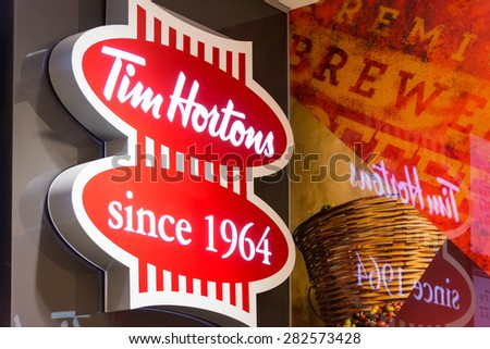 TORONTO,CANADA-MAY 15,2015:Tim Hortons Inc.is a Canadian multinational fast casual restaurant known for its coffee and doughnuts. It is also Canada\'s largest quick service restaurant chain;