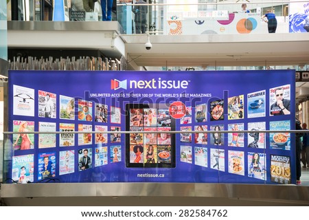 TORONTO,CANADA-MAY 15,2015:The Next Issue platform is a subscription digital magazine service that serves up a newsstand chock full of your favourite titles capturing the best of print