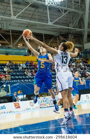 TORONTO,CANADA-JULY 16, 2015: Toronto 2015 Pan Am or Pan American Games, women basketball: Brazil's Debora Costa (5) and Taya Reimer of the United States (# 13) struggle to get a rebound.CN 01953074