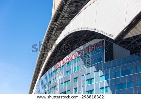 TORONTO,CANADA-JUNE 15,2015: The roof and exterior of the Renaissance Hotel which is built into the Rogers Centre baseball stadium.  Rogers Centre is a multi-purpose stadium in downtown Toronto