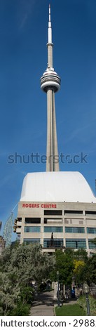 TORONTO,CANADA-JUNE 15,2015: Panoramic view of Rogers Centre sports stadium with the CN Tower. Rogers Centre is a multi-purpose stadium situated just southwest of the CN Tower.