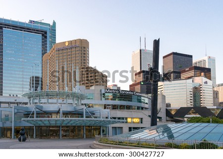 TORONTO,CANADA-JUNE 25,2015: Metro Toronto Convention Centre in Toronto downtown .  Prominent in the front is the Metro Toronto Convention Center, but there are several buildings clustered together.
