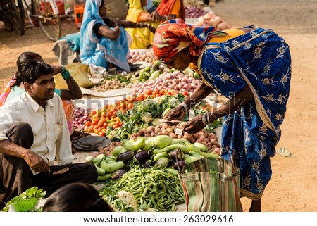 KANHA, INDIA - FEBRUARY 04:  Vegetables being sold at local food market on February, 04 in village of Kanha.