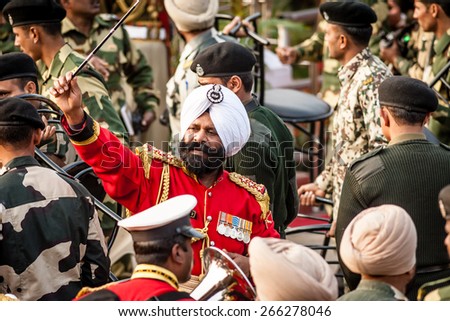 WAGAH, INDIA, JANUARY - 26, 2015: Army bandmaster at India-Pakistan Wagah border flag ceremony during the India Republic Day on January, 26 2015 in Wagah, India.