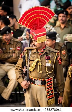 WAGAH, INDIA, JANUARY - 26, 2015: Officer of Indian Border Security Force at India-Pakistan Wagah border flag ceremony during the India Republic Day on January, 26 2015 in Wagah, India.