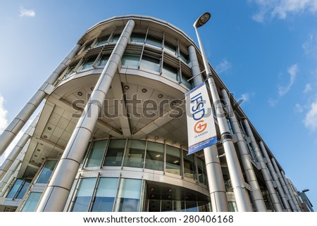 GLASGOW, SCOTLAND - MARCH 08, 2015 : Advertising banner denoting the International Financial Services District on March 08, 2015 in Glasgow, Scotland.