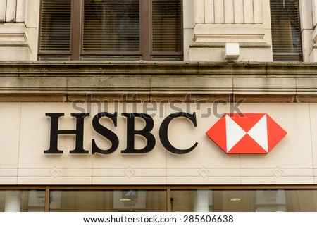 GLASGOW, SCOTLAND - JUNE 03, 2015: HSBC retail bank sign in Buchanan Street where some of the city\'s finest shopping with lots of designer brands are represented.