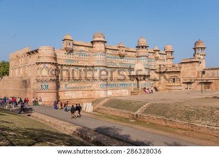 GWALIOR, INDIA - JANUARY 28, 2015: Gwalior Fort is an 8th-century hill fort near Gwalior, Madhya Pradesh, central India.
